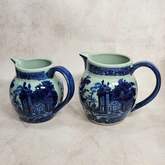 2 Victoria Ware 6"/6.5" Tall Ironstone  Blue Flow Style Pitchers Town Scene - Picture 1 of 11